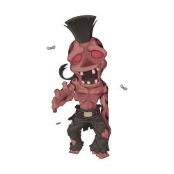  1boy arm_tattoo barefoot belt black_hair black_pants brown_belt bug chibi chibi_only colored_sclera fly full_body looking_at_viewer male_focus missing_tooth mohawk navel no_pupils official_art open_mouth pants ragnarok_online reaching reaching_towards_viewer red_sclera ribs simple_background solo standing tattoo topless_male torn_clothes torn_pants transparent_background yuichirou zombie zombie_master 