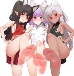  3girls absurdres animal_ears armpits bare_arms bare_legs bare_shoulders black_dress black_hair blush breasts china_dress chinese_clothes choko_(hrodvitnir) closed_mouth commission dragon_print dress extra_ears feet floral_print folding_fan gold_trim half_updo hand_fan hand_on_another&#039;s_waist hand_on_own_hip highres holding holding_fan leg_up linji_(hrodvitnir) long_hair looking_at_viewer multiple_girls naughty_face nose_blush original pelvic_curtain pharamacom podo_(hrodvitnir) pointy_ears presenting_foot print_dress purple_eyes purple_hair red_dress red_eyes second-party_source short_dress short_hair simple_background sleeveless sleeveless_dress small_breasts smile soles standing standing_on_one_leg thighs toes tongue tongue_out v-shaped_eyebrows white_background white_dress white_hair wolf_ears 