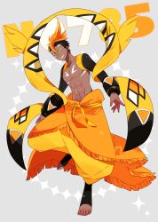  1boy abs bare_pectorals black_hair blue_eyes dark-skinned_male dark_skin earrings full_body grey_background grin highres jewelry male_focus nipples orange_hair pants pectorals personification pokedex_number pokemon puffy_pants smile solo tapu_koko toenails toned toned_male yellow_pants yuzu_ichika 