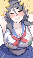  ;d armpits arms_up black_hair blue_skirt blush breasts cheerleader cleavage collarbone commentary_request crop_top female hair_between_eyes hair_ornament highres holding holding_pom_poms large_breasts looking_at_viewer medium_hair midriff mole mole_on_neck navel neckerchief nervous_smile nidoto_jidori_okutte_yannai one_eye_closed open_mouth orange_eyes pleated_skirt pom_pom_(cheerleading) print_shirt red_neckerchief shirt simple_background skirt sleeveless sleeveless_shirt smile solo sound_effects sweat taketatetakeya translation_request twintails upper_body white_background white_shirt 