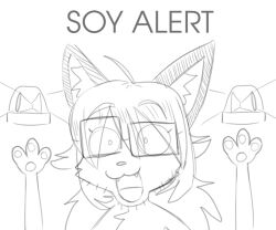  alarm anthro averi_(fiddleafox) canid canine english_text eyewear female female_anthro fox fur glasses gloves_(marking) hair mammal markings monochrome pawpads paws simple_background solo soyjak text unknown_artist 