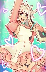  arm_up artist_name breasts choker commentary cropped_jacket dress elphelt_valentine female frilled_dress frills green_eyes guilty_gear guilty_gear_strive hairband heart highres holding holding_microphone jacket large_breasts looking_at_viewer microphone open_clothes open_jacket open_mouth oxcoxa pink_choker pink_hairband pink_jacket short_hair sideboob solo spiked_choker spiked_hairband spikes teeth upper_teeth_only white_dress white_hair 