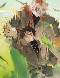  2024 aak_(arknights) anthro arknights axianorange black_hair bottomwear canid canine canis closed_eyes clothed clothing domestic_cat domestic_dog duo ear_piercing felid feline felis fur hair hair_over_eye hand_holding hi_res horn hung_(arknights) hypergryph male mammal orange_hair pants piercing shirt sitting sitting_on_ground studio_montagne tan_body tan_fur topwear uniform white_body white_fur white_hair yellow_eyes 