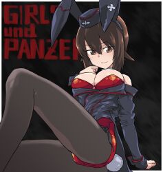  animal_ears ass black_background black_pantyhose blush breasts brown_eyes brown_hair cleavage closed_mouth copyright_name crotch fake_animal_ears fake_tail female girls_und_panzer highres large_breasts leotard looking_at_viewer monolith_(suibou_souko) nishizumi_maho pantyhose playboy_bunny rabbit_ears rabbit_tail red_leotard short_hair simple_background smile solo tail 