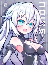  absurdres aijiro83 aqua_eyes armpits black_bodysuit black_heart_(neptunia) bodysuit breasts character_name checkered_background elbow_gloves female gloves grey_background hair_between_eyes highres long_hair looking_at_viewer medium_breasts neptune_(series) open_mouth solo symbol-shaped_pupils white_hair 