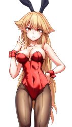  animal_ears blonde_hair breasts brown_pantyhose cleavage closed_mouth collar covered_navel fake_animal_ears female highres junko_(touhou) kikoka_(mizuumi) leotard long_hair looking_at_viewer medium_breasts orange_eyes orange_hair pantyhose playboy_bunny rabbit_ears red_leotard red_wristband simple_background solo strapless strapless_leotard touhou v-shaped_eyebrows very_long_hair white_background 