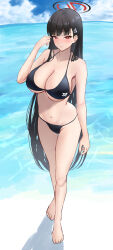  absurdres alternate_costume asao_(asaomm12345) bare_arms bare_legs bare_shoulders barefoot bikini black_bikini black_halo blue_archive blue_sky breasts cloud cloudy_sky female full_body hair_ornament halo highres hime_cut huge_breasts long_hair looking_at_viewer millennium_science_school_logo navel ocean outdoors parted_lips red_eyes rio_(blue_archive) sky solo standing stomach swimsuit teeth water 