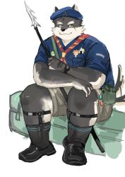  anthro bottomwear canid canine canis clothing domestic_dog facial_scar footwear fur garter_belt garter_belt_socks garter_straps grey_body grey_fur hat headgear headwear hi_res lifewonders male mammal melee_weapon moritaka_(tas) polearm popcornduck2 scar scout_uniform shorts sitting slightly_chubby socks solo spear tail tail_motion tailwag tokyo_afterschool_summoners weapon 