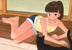  arm_support bare_shoulders barefoot blunt_bangs blush brown_eyes brown_hair camisole feline female indoors looking_at_viewer lying on_floor on_side original ponytail shorts smile solo uni_(unidonatsu) wooden_floor 