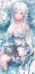  a_maru bandaged_arm bandaged_leg bandages bare_shoulders blood blood_on_clothes blood_on_dress bouquet breasts chromatic_aberration cleavage collarbone commentary_request covered_navel crying crying_with_eyes_open dress female flower hair_between_eyes hair_flower hair_ornament highres ice large_breasts linea_alba long_hair looking_at_viewer original partially_submerged sitting solo strapless strapless_dress tears very_long_hair wedding_dress white_dress white_eyes white_flower white_hair white_veil 