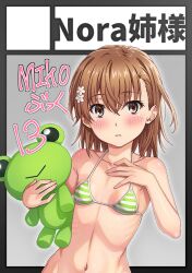  bikini blush breasts brown_eyes brown_hair female flower gekota green_bikini hair_flower hair_ornament holding holding_stuffed_toy isshi_pyuma looking_at_viewer medium_hair misaka_mikoto navel parted_lips small_breasts solo striped_bikini striped_clothes stuffed_animal stuffed_frog stuffed_toy swimsuit toaru_kagaku_no_railgun toaru_majutsu_no_index two-tone_bikini white_bikini 