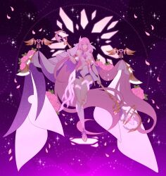  absurdly_long_hair bare_shoulders bell black_shorts boots breasts bridal_garter bridal_veil clothing_cutout corset crystal_shards elf elysia_(herrscher_of_human:_ego)_(honkai_impact) elysia_(honkai_impact) falling_petals female ffluvy flower full_body hair_between_eyes high_heel_boots high_heels highres honkai_(series) honkai_impact_3rd large_breasts long_hair looking_at_viewer petals pink_flower pink_hair pink_rose pointy_ears purple_background rose short_shorts shorts side_cutout solo starry_background thighs veil very_long_hair white_corset white_footwear 