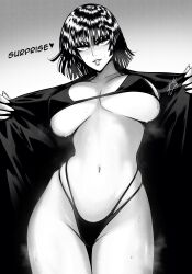  absurdres bikini black_hair blunt_bangs blush breasts collarbone english_text eyebrows_hidden_by_hair female fubuki_(one-punch_man) greyscale heart highres large_breasts looking_at_viewer monochrome mostlybluewyatt navel one-punch_man parted_lips short_hair solo steam steaming_body stomach sweat swimsuit thighs undressing 