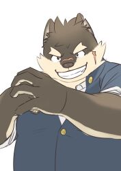  absurd_res anthro canid canine canis domestic_dog eyebrows facial_scar fur grey_body grey_fur grin hi_res lifewonders male mammal moritaka_(tas) penguin0700 scar smile solo thick_eyebrows tokyo_afterschool_summoners 