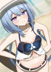  absurdres armpits bare_shoulders beach belt bikini bikini_top_only blue_hair breasts denim denim_shorts female griseo griseo_(starry_impression) hat highres honkai_(series) honkai_impact_3rd long_hair looking_at_viewer micro_shorts navel ng1sh8 official_alternate_costume outdoors purple_eyes sand shorts small_breasts smile solo spread_navel stomach swimsuit thighs water white_hat white_shorts 