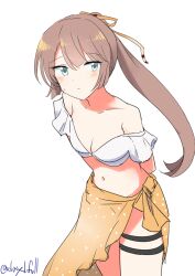  absurdres bikini blue_eyes breasts brown_eyes female hair_ribbon highres kantai_collection kazagumo_(kancolle) kazagumo_kai_ni_(kancolle) kazagumo_kai_ni_(swimsuit_mode)_(kancolle) leaning_forward long_hair one-hour_drawing_challenge orange_sarong polka_dot polka_dot_sarong ponytail ribbon robinson_(day_l_full) sarong simple_background small_breasts solo swimsuit thigh_strap twitter_username white_background white_bikini 