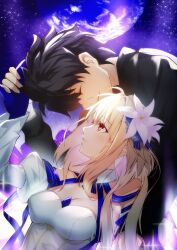  1boy archetype_earth arcueid_brunestud black_hair black_jacket blonde_hair breasts commentary_request couple dress female flower flower_on_head highres jacket long_hair medium_breasts red_eyes straight strapless strapless_dress tohno_shiki toomishou tsukihime tsukihime_(remake) white_dress 