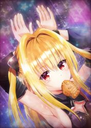  armpits arms_up asukamama89 black_dress blonde_hair blush close-up commentary detached_sleeves dress dutch_angle eyes_visible_through_hair female food food_in_mouth hair_between_eyes hair_intakes highres konjiki_no_yami long_hair long_sleeves looking_at_viewer rabbit_pose red_eyes sleeveless sleeveless_dress solo star_(symbol) straight_hair taiyaki to_love-ru tsurime two_side_up wagashi wide_sleeves 