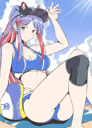  animal_hat ball bikini blue_bikini blue_hair blue_sky breasts cleavage cloud day female gradient_background hat highres kantai_collection knee_pads large_breasts long_hair multicolored_hair official_alternate_costume outdoors ponytail red_hair single_knee_pad sky solo south_dakota_(kancolle) south_dakota_kai_(swimsuit_mode)_(kancolle) sports_bikini swimsuit taira_yuuki visor_cap volleyball_(object) white_hair 