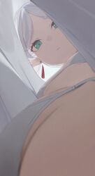  close-up closed_mouth crotch_focus earrings elf female foreshortening frieren green_eyes highres hiroki_(yyqw7151) jewelry lifting_own_clothes looking_down parted_lips pointy_ears shirt simple_background solo sousou_no_frieren upshirt white_background white_hair white_shirt 