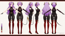  a-pose absurdres ass black_gloves black_pants black_shirt blush boots brown_horns closed_mouth color_guide commentary_request cross-laced_footwear demon_girl demon_horns demon_tail elbow_gloves female full_body gloves grid_background high-waist_pants high_heel_boots high_heels highres horns jewelry kamui_natsuki lace lace_gloves lace_shirt looking_at_viewer medium_bangs mole mole_under_mouth multiple_views nanashi_inc. necklace official_alternate_costume official_art pants purple_eyes purple_hair reference_sheet saionji_mary shirt short_hair sleeveless sleeveless_shirt smile standing tail thigh_boots virtual_youtuber white_background 