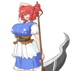  blue_dress breasts cleavage coin coin_on_string commentary_request cowboy_shot dress female hair_bobbles hair_ornament holding holding_scythe huge_breasts looking_at_viewer mizusoba obi obidome obijime onozuka_komachi open_mouth red_eyes red_hair revision sash scythe simple_background solo standing touhou two_side_up white_background 