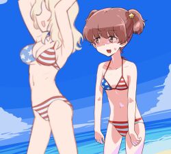  2girls alisa_(girls_und_panzer) american_flag american_flag_bikini american_flag_print beach bikini blonde_hair breasts brown_hair cleavage collarbone flag_print freckles girls_und_panzer hair_ornament highres kay_(girls_und_panzer) large_breasts long_hair looking_at_another monolith_(suibou_souko) multiple_girls navel ocean oerba_yun_fang open_mouth outdoors print_bikini short_hair sky small_breasts smile star_(symbol) star_hair_ornament swimsuit twintails 