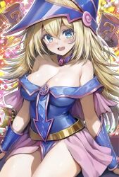  :d bare_shoulders blonde_hair blue_dress blue_eyes blue_hat blush blush_stickers bracer breasts cleavage collarbone commentary_request dark_magician_girl dress duel_monster female green_eyes groin hair_between_eyes hat highres large_breasts long_hair looking_at_viewer magic_cylinder magical_hats_(yu-gi-oh!) off-shoulder_dress off_shoulder open_mouth pelvic_curtain pentagram pink_skirt shiny_skin showgirl_skirt simple_background sitting skirt smile solo staryume teeth tongue upper_teeth_only v white_background witch_hat yu-gi-oh! 