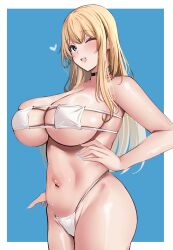  ;d absurdres alternate_costume atago_(kancolle) bikini blonde_hair blue_background blue_eyes blue_nails border breasts cleavage commentary_request cowboy_shot eyepatch_bikini female hand_on_own_hip highres kantai_collection large_breasts long_hair looking_at_viewer nail_polish navel one_eye_closed open_mouth outside_border smile solo stomach swimsuit tf_cafe white_bikini white_border 