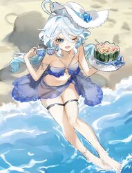  bare_legs bare_shoulders barefoot beach bikini blue_bikini blue_eyes blue_hair breasts female food fruit furina_(genshin_impact) genshin_impact hat highres holding holding_plate holding_removed_eyewear light_blue_hair long_hair navel one_eye_closed open_mouth outdoors plate sand sarong see-through see-through_sarong shadow sitting small_breasts stomach sun_hat swimsuit talesofmea thigh_strap toes unworn_eyewear water watermelon 