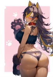  absurdres ai-generated ass dark-skinned_female dark_skin dehya_(genshin_impact) earrings floating_earring genshin_impact hair_ears highres jewelry multicolored_hair panties pointy_hair streaked_hair underwear 