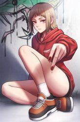  bleached_hair blonde_hair blood blood_on_hands chainsaw_man commentary female graffiti highres horns legs looking_at_viewer multicolored_hair red_eyes red_horns roots_(hair) sawatari_akane_(chainsaw_man) shadow short_hair short_shorts shorts sitting slit_pupils snake solo veniac 