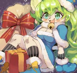  :3 animal_ears animal_hands arm_support bell black_socks blue_capelet blue_dress blue_footwear blue_gloves blue_hat bow box breasts capelet christmas cleavage commentary dress female fullbokko_heroes fur-trimmed_capelet fur-trimmed_dress fur-trimmed_footwear fur-trimmed_gloves fur-trimmed_headwear fur_trim furry furry_female gift gingerbread_man gloves green_eyes green_hair happy hat jingle_bell kneehighs knees_up kuushii_(fullbokko_heroes) leaning_back long_hair medium_breasts oerba_yun_fang onikuman open_mouth paw_gloves red_bow ribbon sack shiny_skin shoes sitting smile socks solo sparkle star_(symbol) striped_clothes striped_socks tail yellow_bow yellow_ribbon 