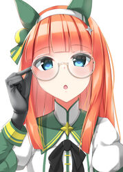  adjusting_clothes animal_ears bananatsukis bespectacled blue_eyes blush female glasses gloves hair_ornament headband highres horse_ears horse_girl long_hair looking_at_viewer open_mouth orange_hair portrait silence_suzuka_(umamusume) simple_background solo umamusume white_background 