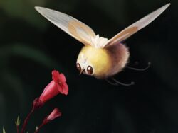  brown_eyes commentary cutiefly english_commentary flower flying full_body highres no_humans pokemon pokemon_(creature) realistic solo tapwing trumpet_creeper 