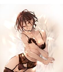  absurdres bed_sheet black_bra black_panties black_thighhighs bra breasts brown_eyes brown_hair female garter_belt glasses hair_between_eyes highres large_breasts lingerie lips lying mayutsuba_mono original panties parted_lips round_eyewear short_hair solo thighhighs underwear 