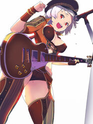  :d black_headwear bra bracelet breasts brown_bra brown_panties commentary_request covered_nipples electric_guitar enkyo_yuuichirou female flying_sweatdrops from_below garter_belt gibson_les_paul guitar hand_up hat highres hisho_collection holding holding_instrument instrument jewelry looking_at_viewer looking_down medium_breasts microphone microphone_stand music open_mouth panties playing_instrument red_eyes short_hair simple_background smile standing thighhighs underwear white_background white_hair wristband 