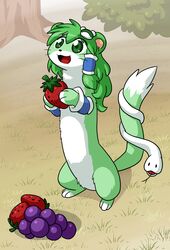  :3 animal animalization bush coffgirl commission detached_sleeves female food fruit grapes grass green_fur green_hair hair_tubes kochiya_sanae outdoors smile snake strawberry tail touhou tree weasel whiskers white_fur 