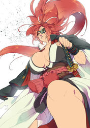  amputee baiken big_hair black_jacket black_kimono breasts eyepatch female from_below guilty_gear guilty_gear_strive jacket jacket_on_shoulders japanese_clothes katana kimono large_breasts multicolored_clothes multicolored_kimono one-eyed open_clothes open_kimono pink_hair ponytail red_eyes samurai sash scar scar_across_eye solo sword teko_(tawake) weapon white_kimono 