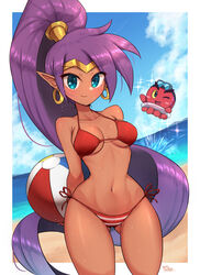  arms_behind_back artist_name ass_visible_through_thighs ball bare_shoulders beach beachball big_hair bikini blue_eyes blue_sky breasts cloud cloudy_sky collarbone commentary_request dark-skinned_female dark_skin day earrings female hair_ornament high_ponytail highres jewelry long_hair looking_at_viewer medium_breasts ocean outdoors pointy_ears ponytail purple_hair shantae shantae_(series) shiny_skin side-tie_bikini_bottom signature simple_background sky smile striped_bikini striped_clothes swimsuit thighs tiara wakaba_(wata_ridley) water water_drop wet 