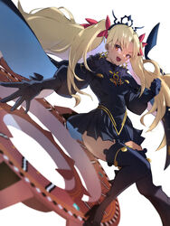  black_dress black_gloves black_tiara blonde_hair breasts cape dress earrings ereshkigal_(fate) ereshkigal_alter_(fate) fate/grand_order fate_(series) female fur-trimmed_cape fur_trim gloves hamao_1 highres hoop_earrings infinity_symbol jewelry long_hair long_sleeves looking_at_viewer medium_breasts meslamtaea_(weapon) open_mouth parted_bangs red_eyes simple_background skull smile spine thighhighs tiara twintails 