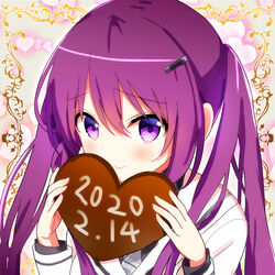  black_shirt blazer blush candy chocolate closed_mouth commentary_request dated female food gochuumon_wa_usagi_desu_ka? grey_necktie hair_between_eyes hair_ornament hairclip hands_up heart heart-shaped_chocolate heart_background holding holding_food jacket long_hair long_sleeves looking_at_viewer nanakusa_amane necktie plaid_necktie purple_eyes purple_hair school_uniform shirt solo tedeza_rize tedeza_rize&#039;s_school_uniform upper_body white_jacket 