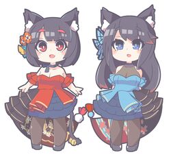  2girls :d animal_ear_fluff animal_ears arms_behind_back azur_lane black_hair black_legwear blue_dress blue_eyes blush butterfly_hair_ornament cat_ears chibi commentary_request dress floral_print flower full_body fusou_(azur_lane) hair_flower hair_ornament highres long_hair looking_at_viewer mismatched_eyebrows multiple_girls oerba_yun_fang open_mouth oquri pantyhose red_dress red_eyes short_hair simple_background skin_fang smile standing white_background yamashiro_(azur_lane) yamashiro_(dressy_black_cat)_(azur_lane) 