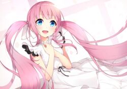  bare_arms black_ribbon blue_eyes bon_(bonbon315) commentary_request dress female frills long_hair looking_at_viewer open_mouth original pink_hair ribbon simple_background smile solo twintails very_long_hair white_background white_dress 