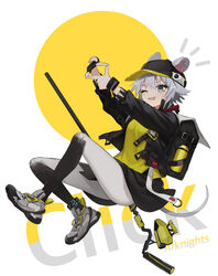  absurdres animal_ears arknights backpack bag baseball_cap black_gloves black_hat black_jacket black_skirt blue_eyes character_name click_(arknights) copyright_name female finger_frame fingerless_gloves full_body gloves gradient_legwear grey_footwear grey_hair grey_pantyhose hat highres jacket long_sleeves mouse_ears mouse_girl mouse_tail murata_konomin one_eye_closed open_clothes open_jacket open_mouth pantyhose shirt shoes short_hair skirt smile sneakers solo staff tail yellow_shirt 