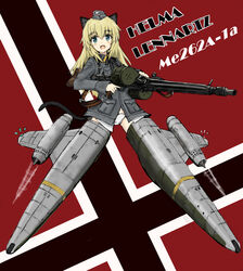  animal_ears black_ribbon blonde_hair blue_eyes cat_ears cat_girl cat_tail character_name commentary crotch_seam drum_magazine dual_drum_magazine female flying garrison_cap grey_hat grey_jacket gun hat helma_lennartz highres holding holding_gun holding_weapon jacket long_hair long_sleeves looking_at_viewer machine_gun magazine_(weapon) mg42 military military_hat military_uniform motion_blur neck_ribbon no_pants open_mouth panties ribbon smile solo strike_witches:_suomus_misfits_squadron striker_unit tail turkeysand_(fernandear_504) underwear uniform weapon white_panties world_witches_series 