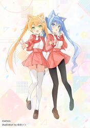  2girls :d :o ahoge amiami_(company) amico animal_ear_fluff animal_ears black_legwear blonde_hair blue_eyes blue_hair blush brown_footwear cat_ears collared_shirt commentary_request dress_shirt full_body green_eyes hair_between_eyes highres lilco loafers long_hair long_sleeves looking_at_viewer multiple_girls necktie oerba_yun_fang open_clothes open_shirt outstretched_arm pantyhose pleated_skirt red_necktie red_sailor_collar red_shirt red_skirt saeki_sora sailor_collar shirt shoes skirt smile standing standing_on_one_leg twintails_day v very_long_hair white_legwear white_shirt 