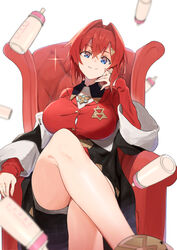  alternate_breast_size ange_katrina ange_katrina_(1st_costume) baby_bottle blue_eyes bottle breasts chair commentary crossed_legs female hair_intakes hair_ornament hairclip highres large_breasts looking_at_viewer muteki_soda nijisanji red_hair short_hair sitting smile solo thighs virtual_youtuber 