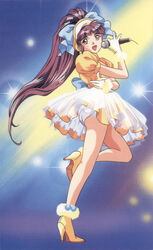  1990s_(style) female full_body gloves headdress high_heels high_ponytail holding holding_microphone idol injuu_gakuen_la_blue_girl layered_skirt leg_up long_hair microphone midou_miko non-web_source official_art open_mouth petticoat photoshop_(medium) puffy_sleeves purple_hair retro_artstyle rin-sin scan short_sleeves skirt 