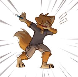  2017 anthro bar_emanata barefoot biped black_clothing black_nose black_shirt black_topwear bottomwear brown_body brown_bottomwear brown_cargo_shorts brown_clothing brown_fur brown_shorts canid canine canis cargo_shorts catching claws clothing dabbing digital_media_(artwork) domestic_dog emanata feet fidget_spinner focus_lines fur gloves_(marking) grey_clothing grey_shirt grey_t-shirt grey_topwear hi_res holding_object khaki_pants leg_markings male mammal markings matt_riskely meme motion_lines paws radial_speed_lines shirt shorts signature simple_background socks_(marking) solo speed_lines standing t-shirt tan_body tan_fur tinydeerguy topwear white_background white_body white_fur 